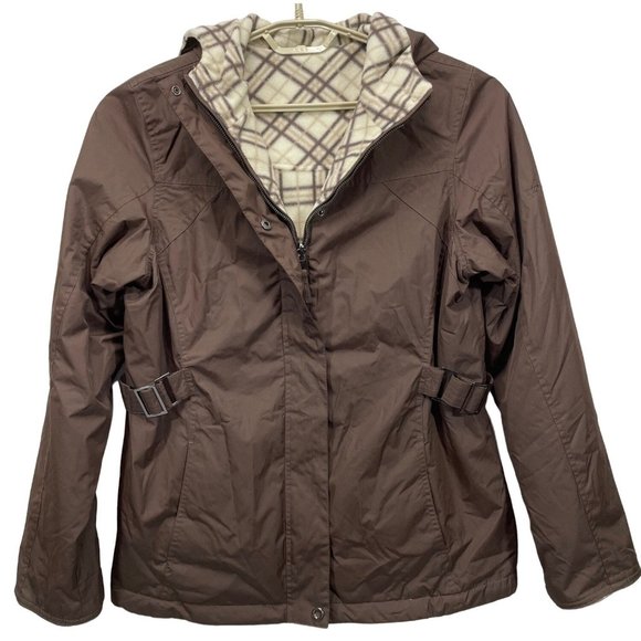 Izod Jackets & Blazers - Izod Jacket Coat Reversible Hooded Fleece Lined Buckles Zip Up Brown Womens M